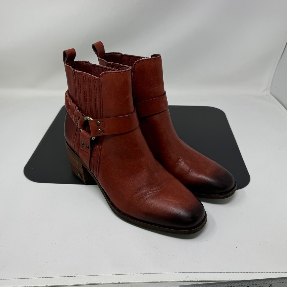 SAM EDELMAN Dalma Harness Chelsea Bootie Spiced Red Moto Boot 7.5 MSRP $200